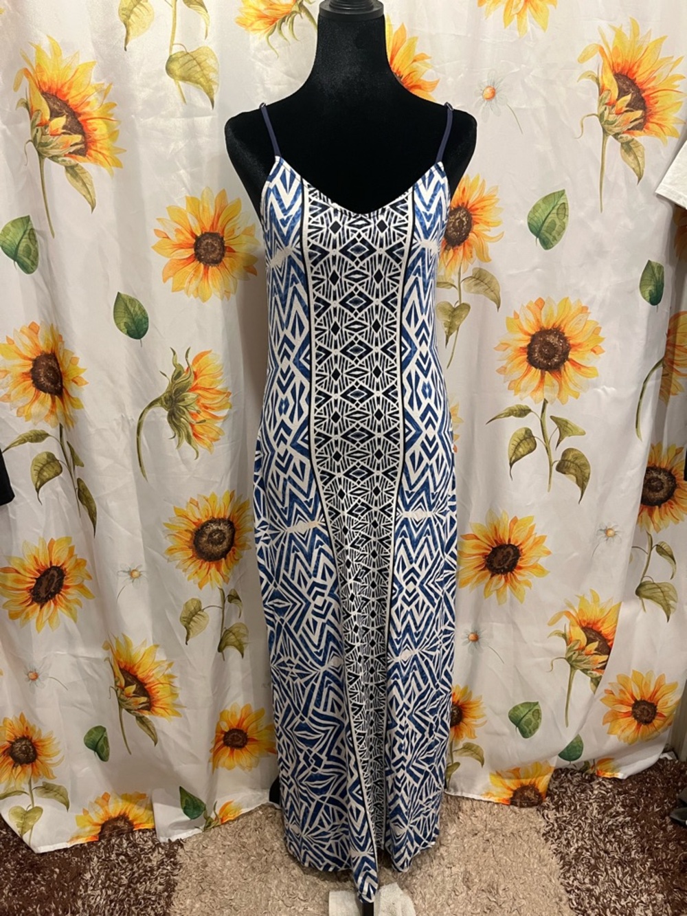 Blue and White Geometric Maxi Dress